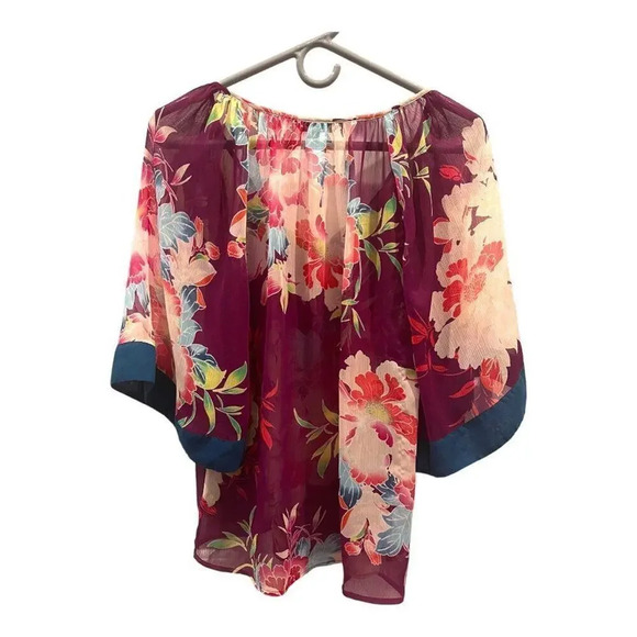 Express Women’s Small Burgundy‎ Floral V-Neck Sheer Blouse With Tie Neck - Picture 6 of 6